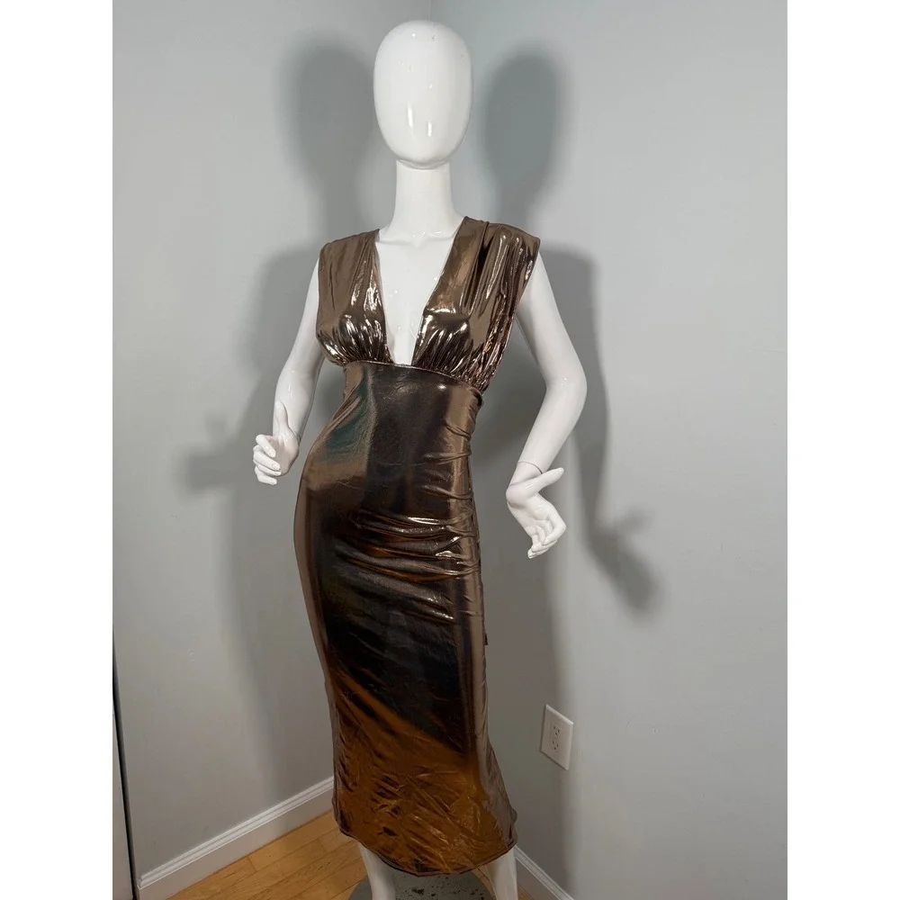 Micas Metallic Gold Open Back Midi Dress‎ size M